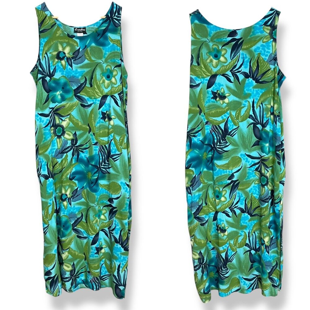 Vintage Floral Dress Sleeveless Casual Summer 90s Green Blue Plus Size 2X Women